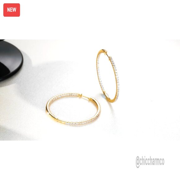 Large 40mm 14K Gold Hoop Earrings with Cubic Zirconia, Hypoallergenic - Picture 8 of 8